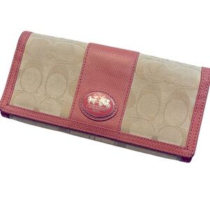 Coach Signature Canvas Long Wallet | Pink Leather Trim Carriage Logo